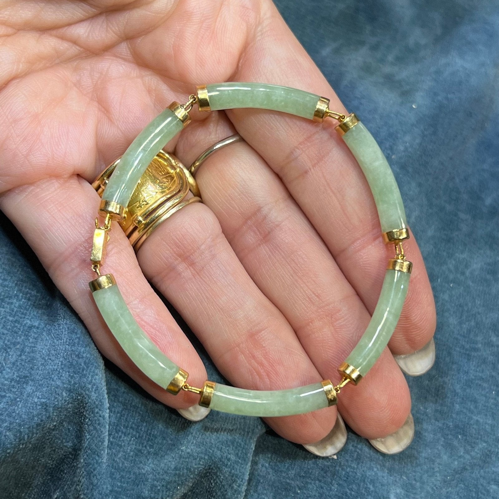 14k Yellow Gold Green Jade Panel Bracelet. Longevity