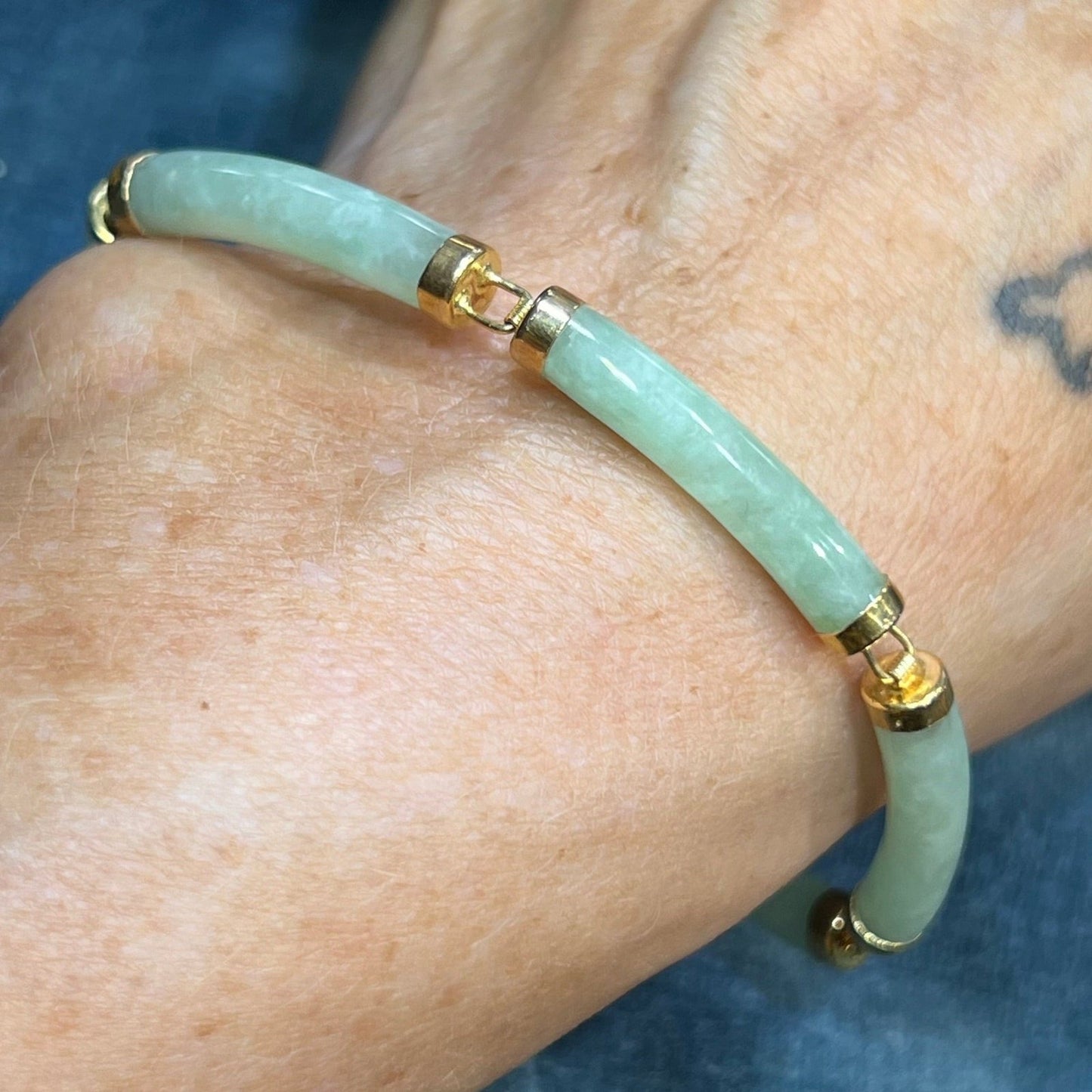 14k Yellow Gold Green Jade Panel Bracelet. Longevity