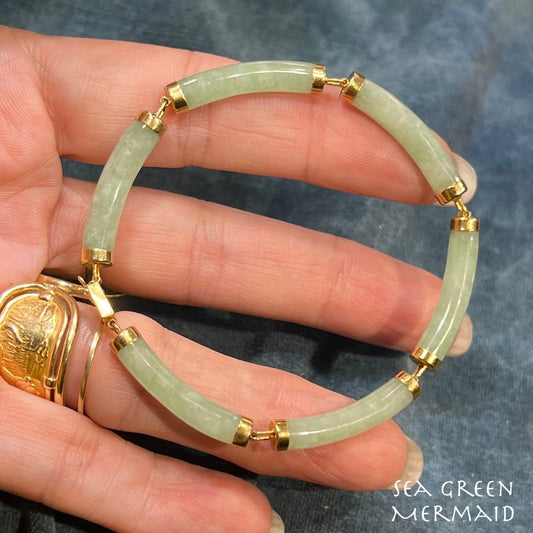 14k Yellow Gold Green Jade Panel Bracelet. Longevity