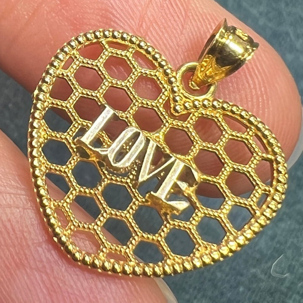 14k Yellow Gold HONEY COMB Heart Pendant. SWEET LOVE