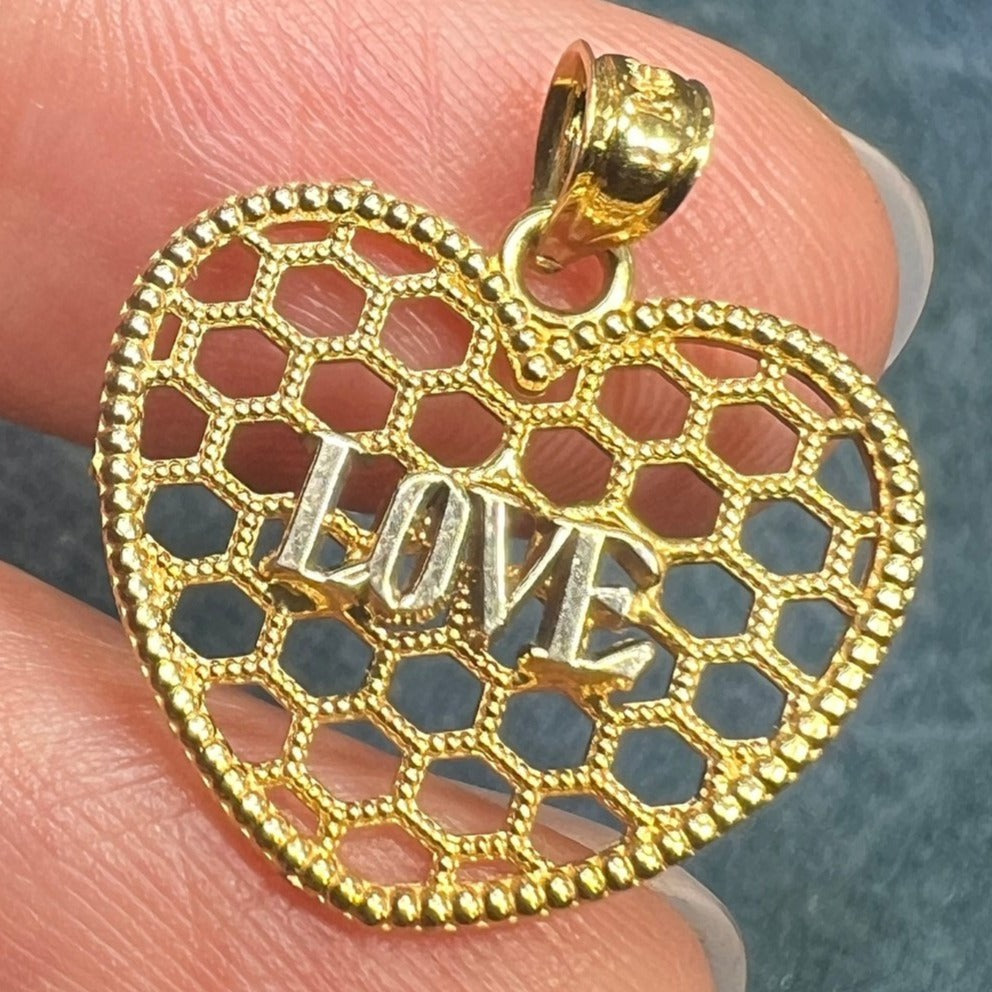 14k Yellow Gold HONEY COMB Heart Pendant. SWEET LOVE