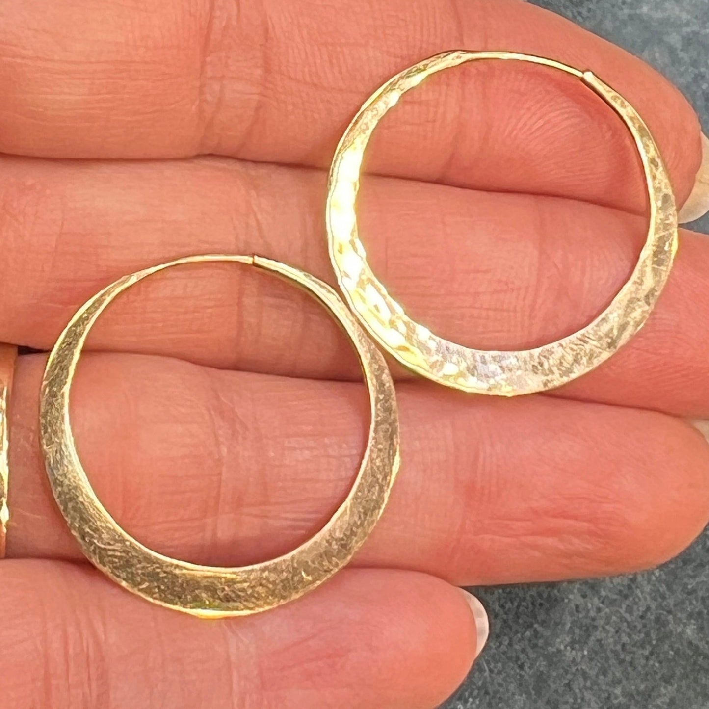 14k Yellow Gold Hand-Forged Hammered Hoop Earrings. Eclipse