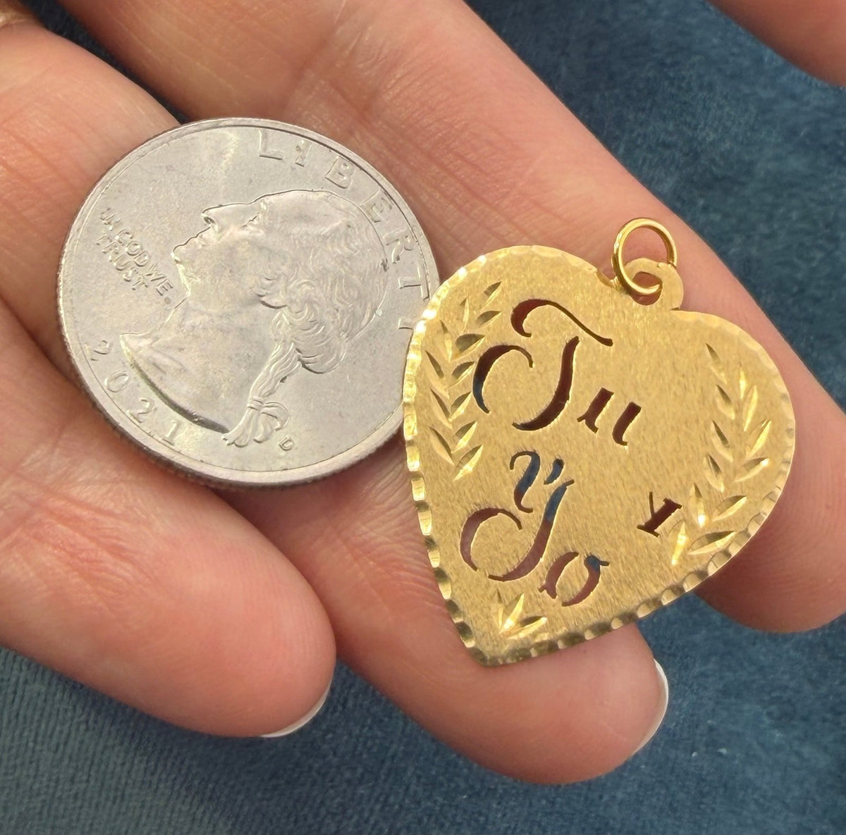 14k Yellow Gold Heart Pendant. Tu y Yo. You and Me in Espanol. 1"