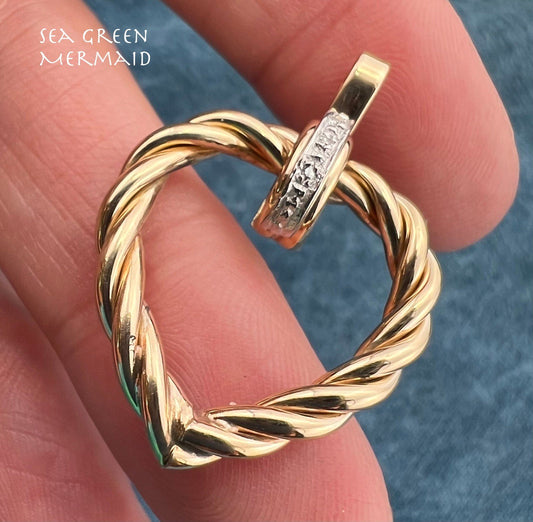 14k Yellow Gold Heart Pendant w Tiny Diamonds. 1.25"