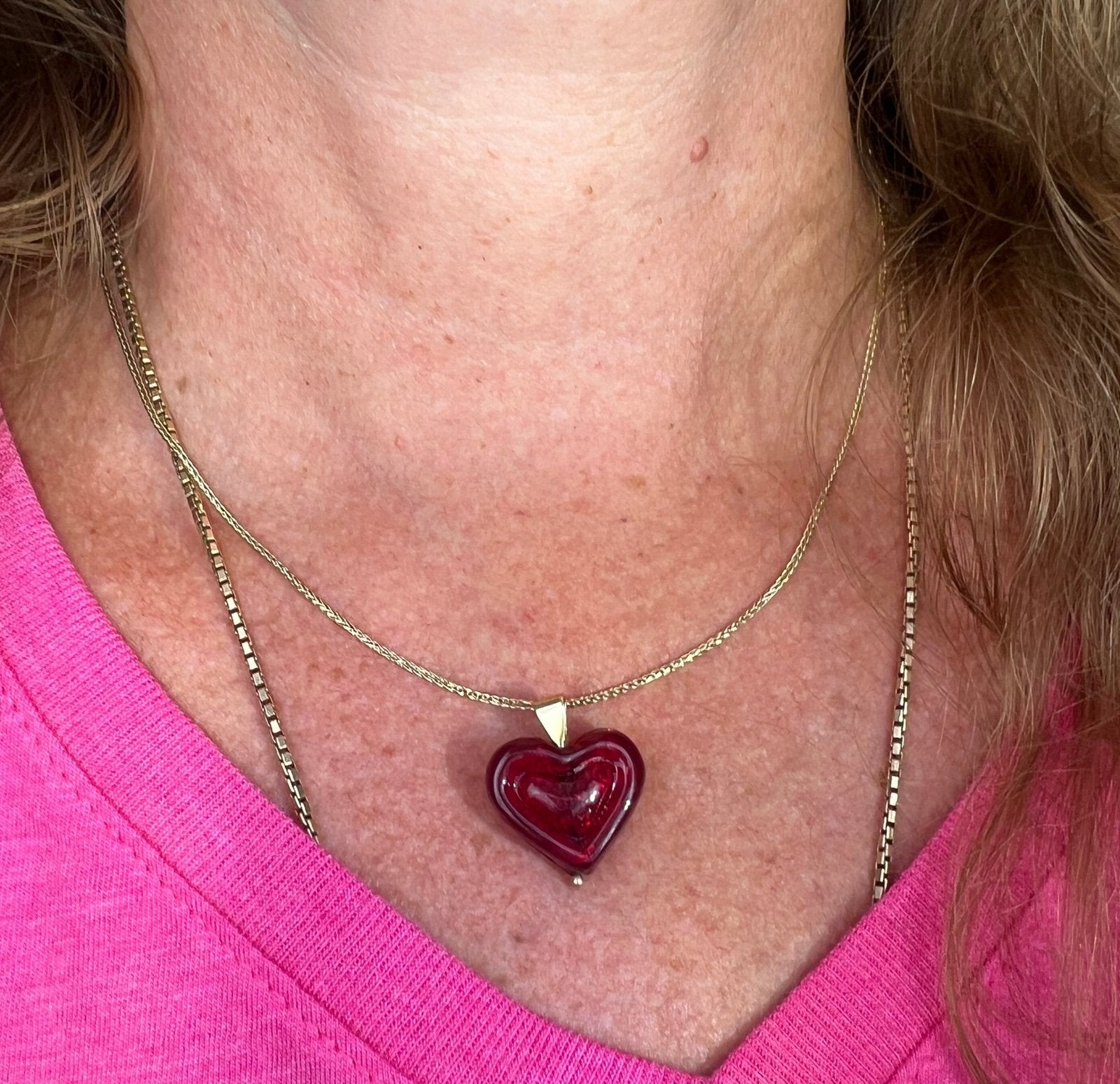 14k Yellow Gold Italian Ruby Red Murano Glass Heart Pendant