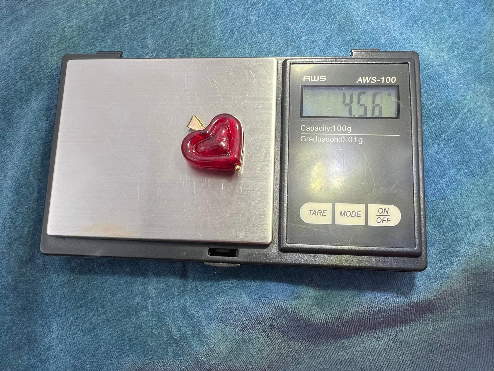 14k Yellow Gold Italian Ruby Red Murano Glass Heart Pendant