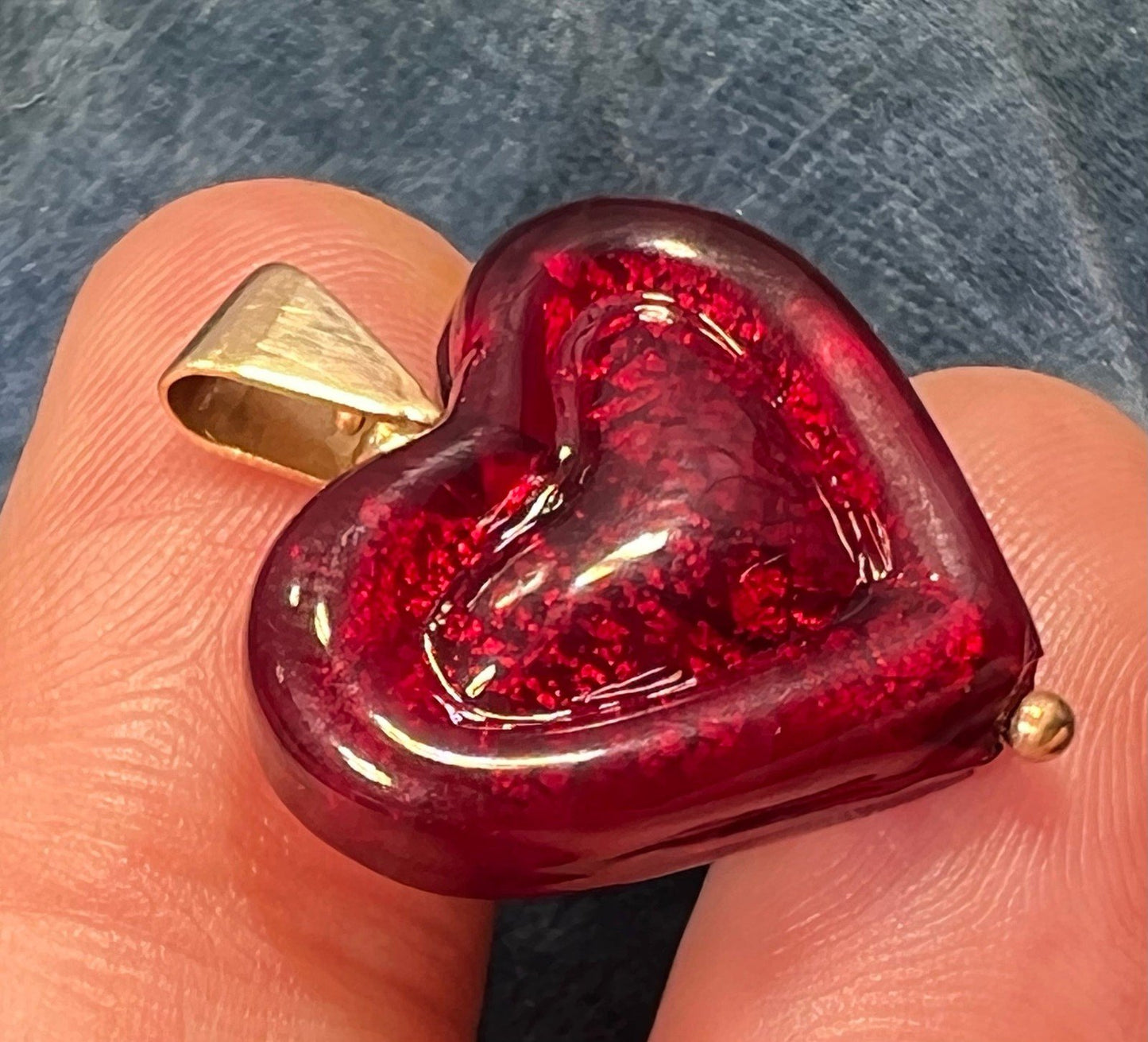 14k Yellow Gold Italian Ruby Red Murano Glass Heart Pendant