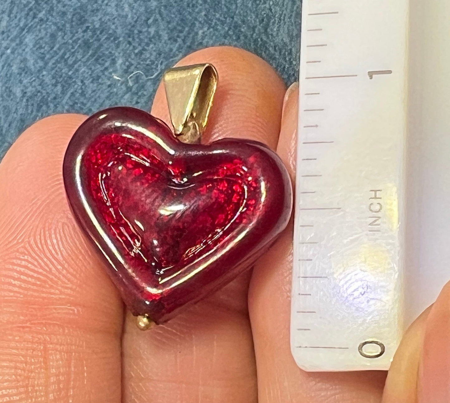 14k Yellow Gold Italian Ruby Red Murano Glass Heart Pendant