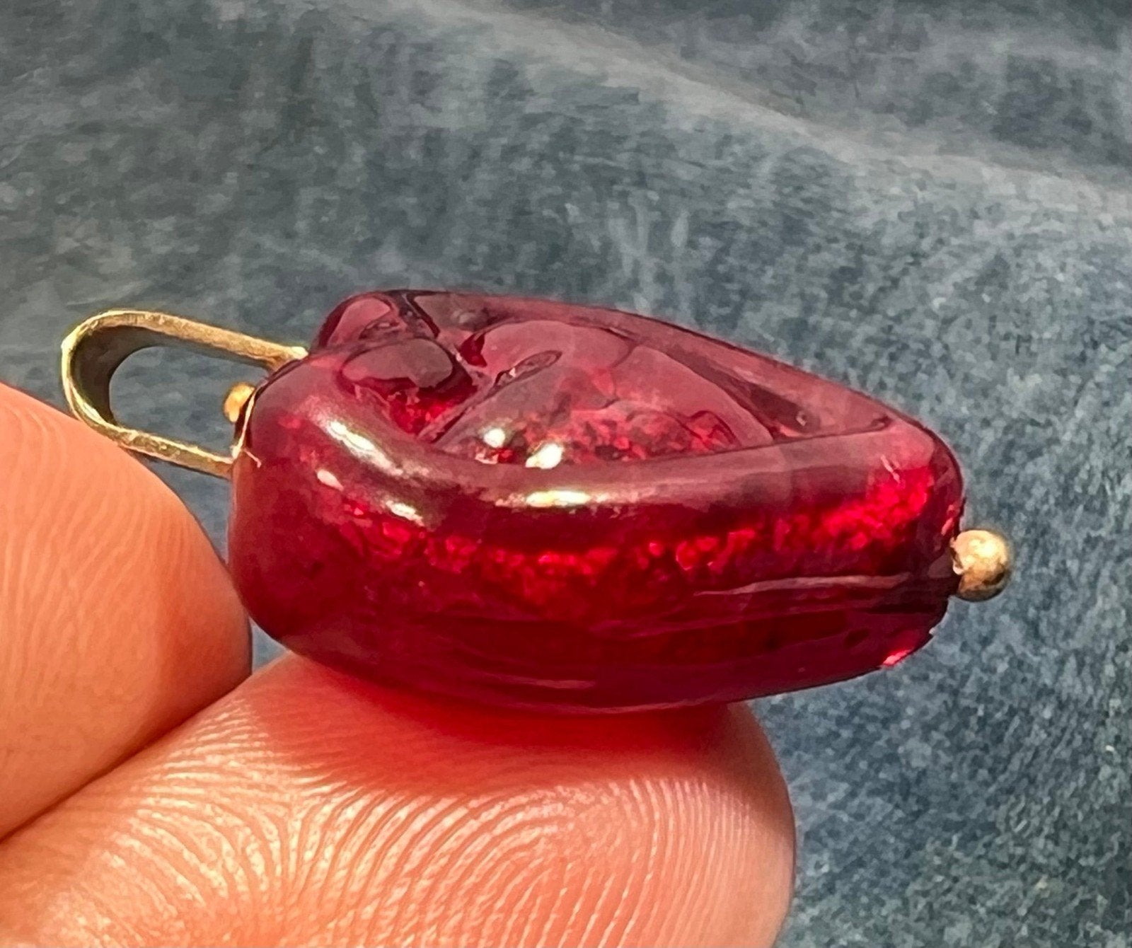 14k Yellow Gold Italian Ruby Red Murano Glass Heart Pendant