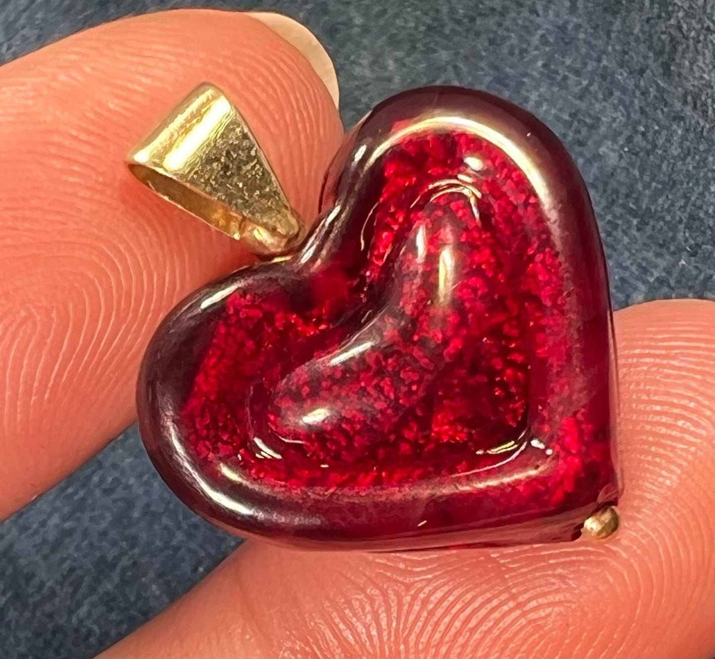 14k Yellow Gold Italian Ruby Red Murano Glass Heart Pendant