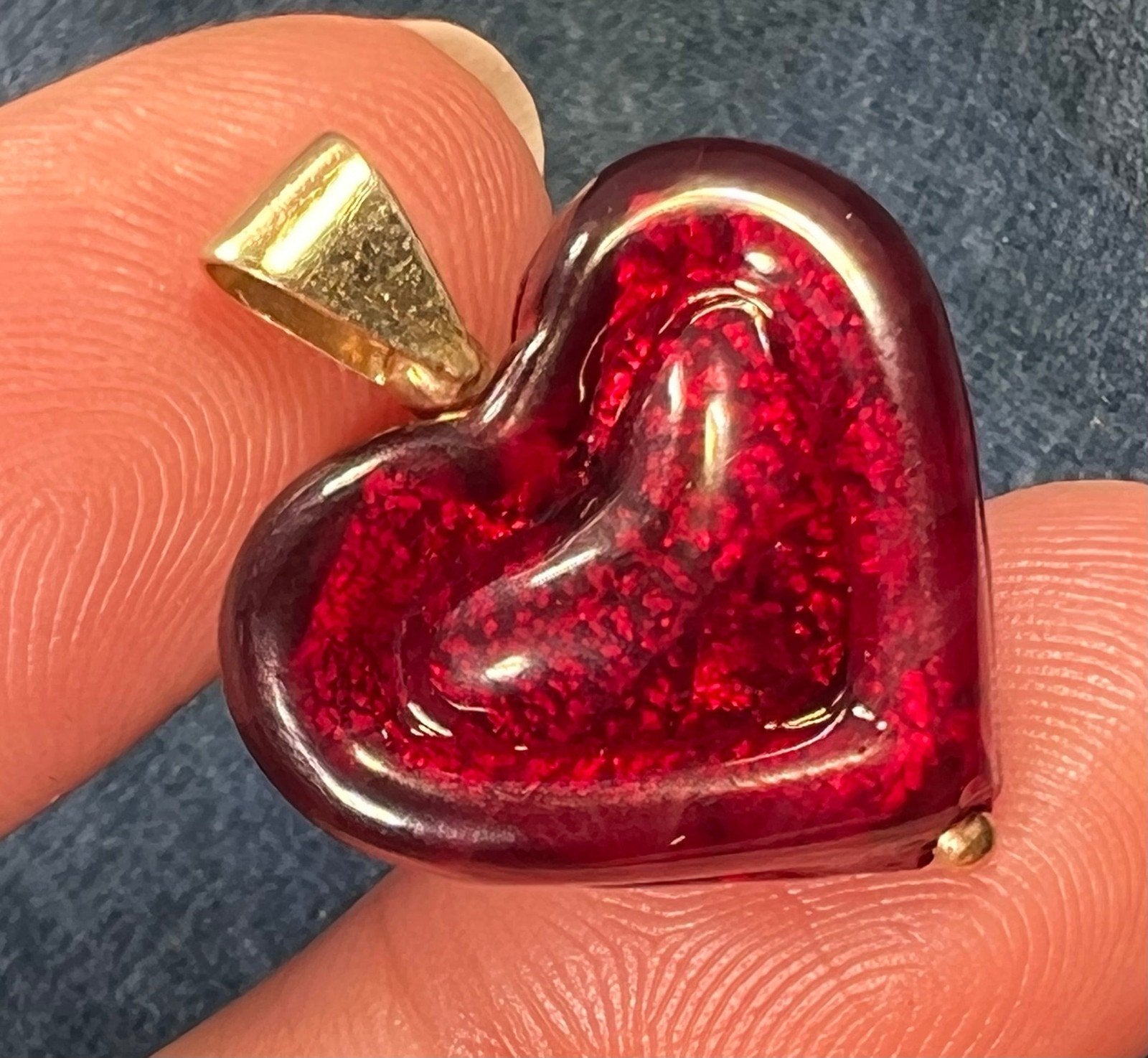 14k Yellow Gold Italian Ruby Red Murano Glass Heart Pendant