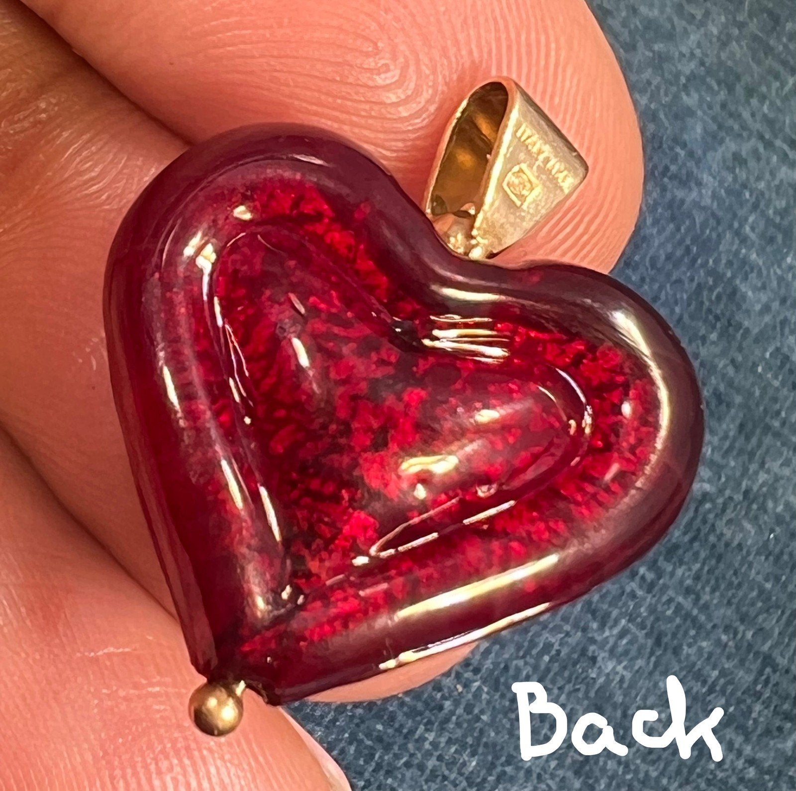 14k Yellow Gold Italian Ruby Red Murano Glass Heart Pendant