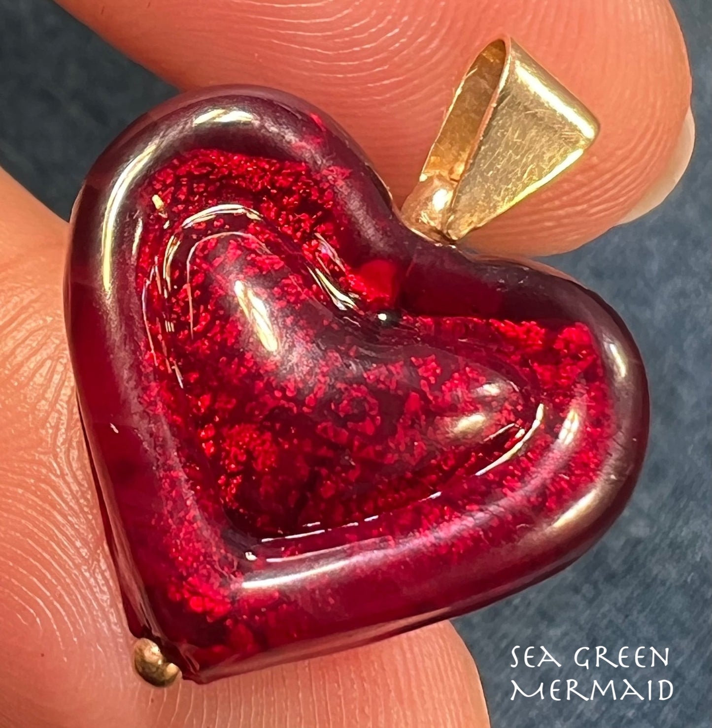 14k Yellow Gold Italian Ruby Red Murano Glass Heart Pendant
