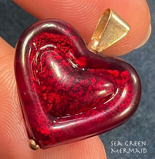14k Yellow Gold Italian Ruby Red Murano Glass Heart Pendant