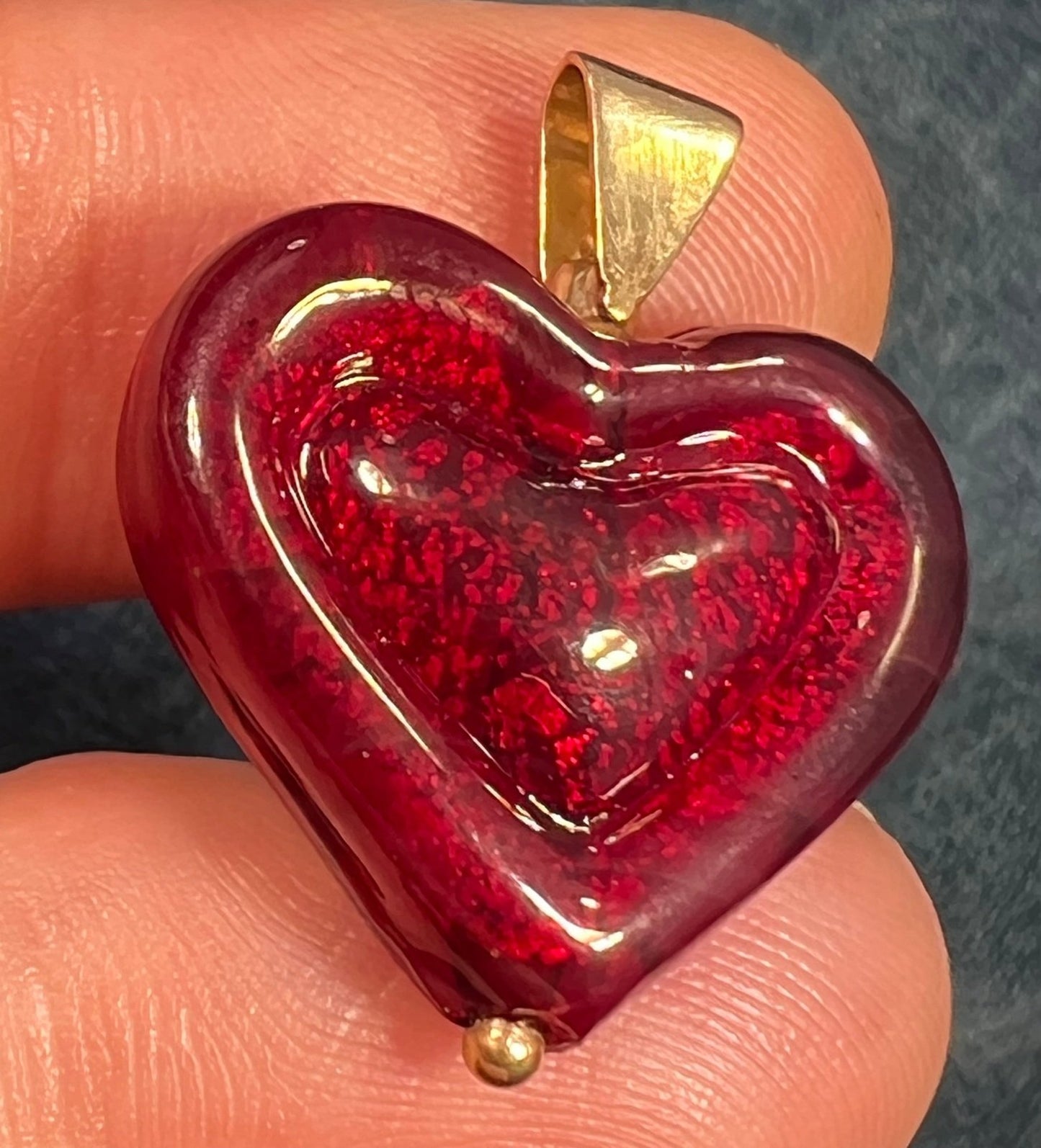 14k Yellow Gold Italian Ruby Red Murano Glass Heart Pendant