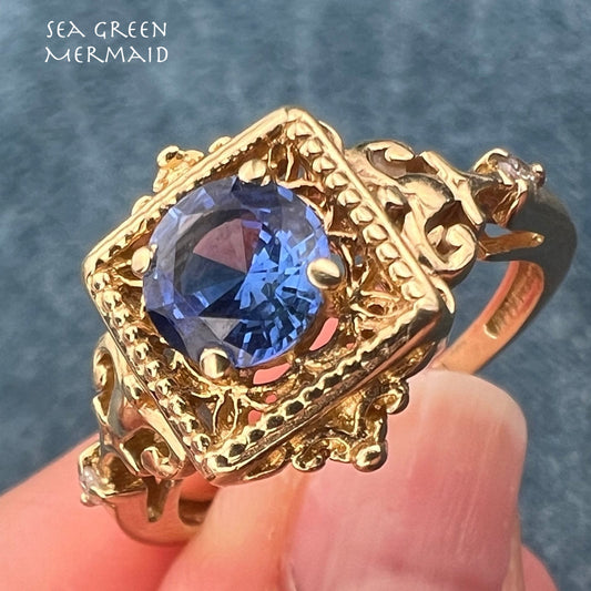 14k Yellow Gold Lab Cornflower Blue Sapphire Ring. Etruscan