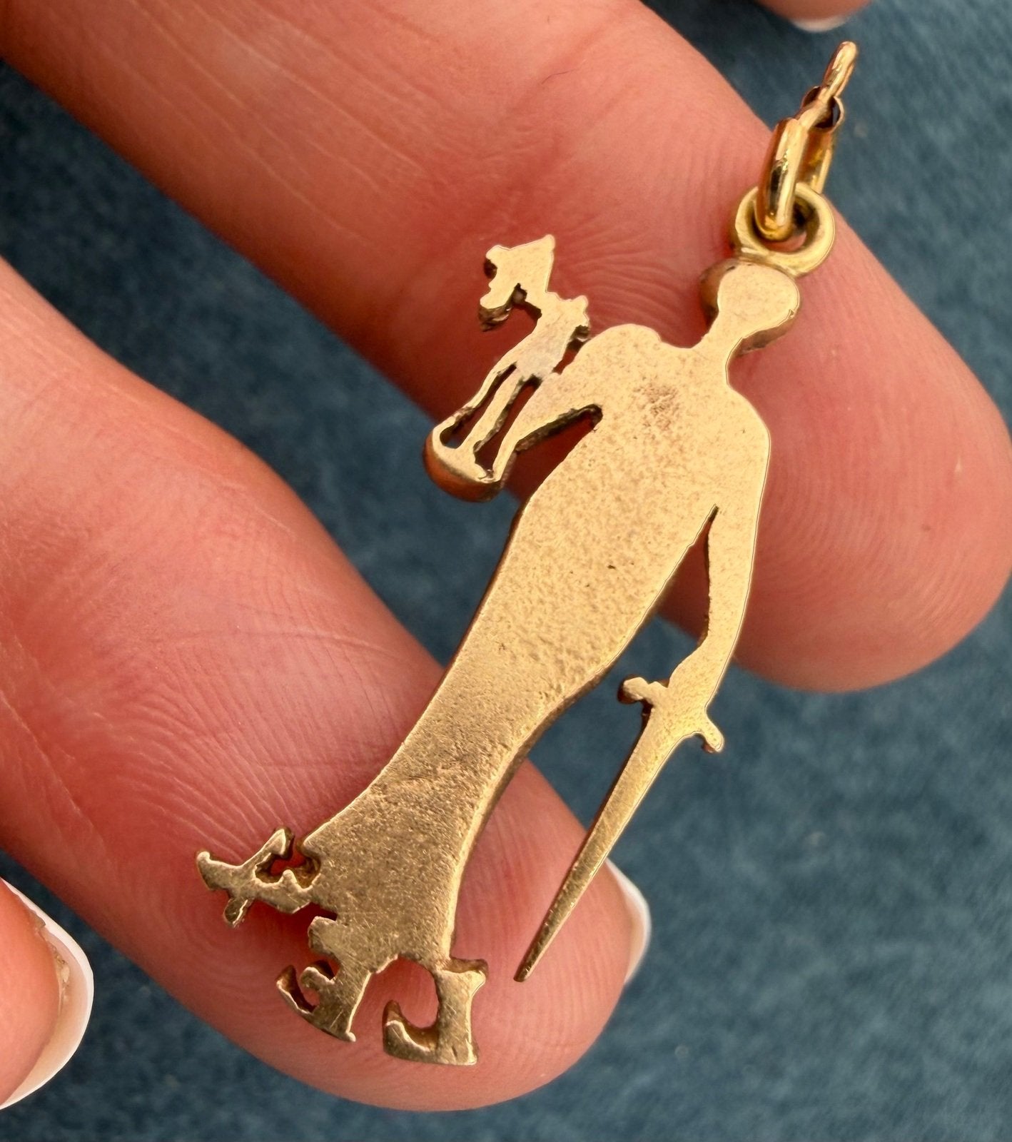 14k Yellow Gold Lady JUSTICE Pendant w Sword + Scales. LEX = Law 3.3g + 1.2"