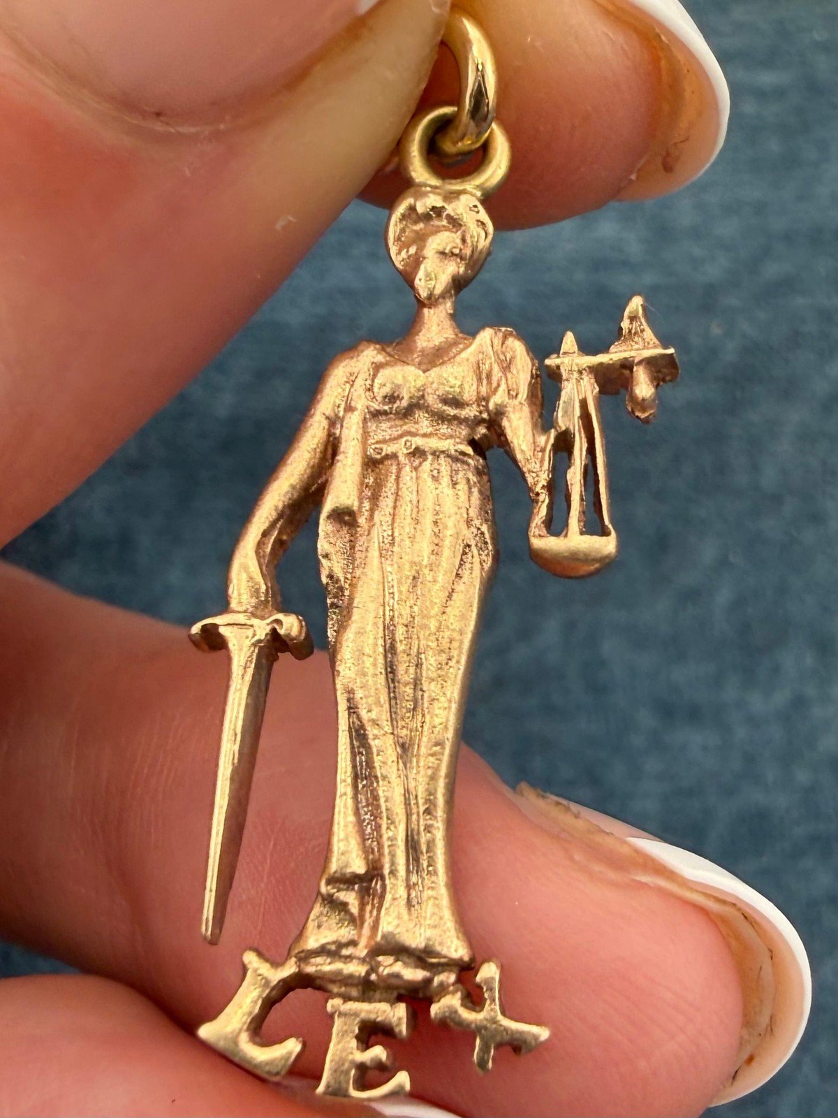 14k Yellow Gold Lady JUSTICE Pendant w Sword + Scales. LEX = Law 3.3g + 1.2"