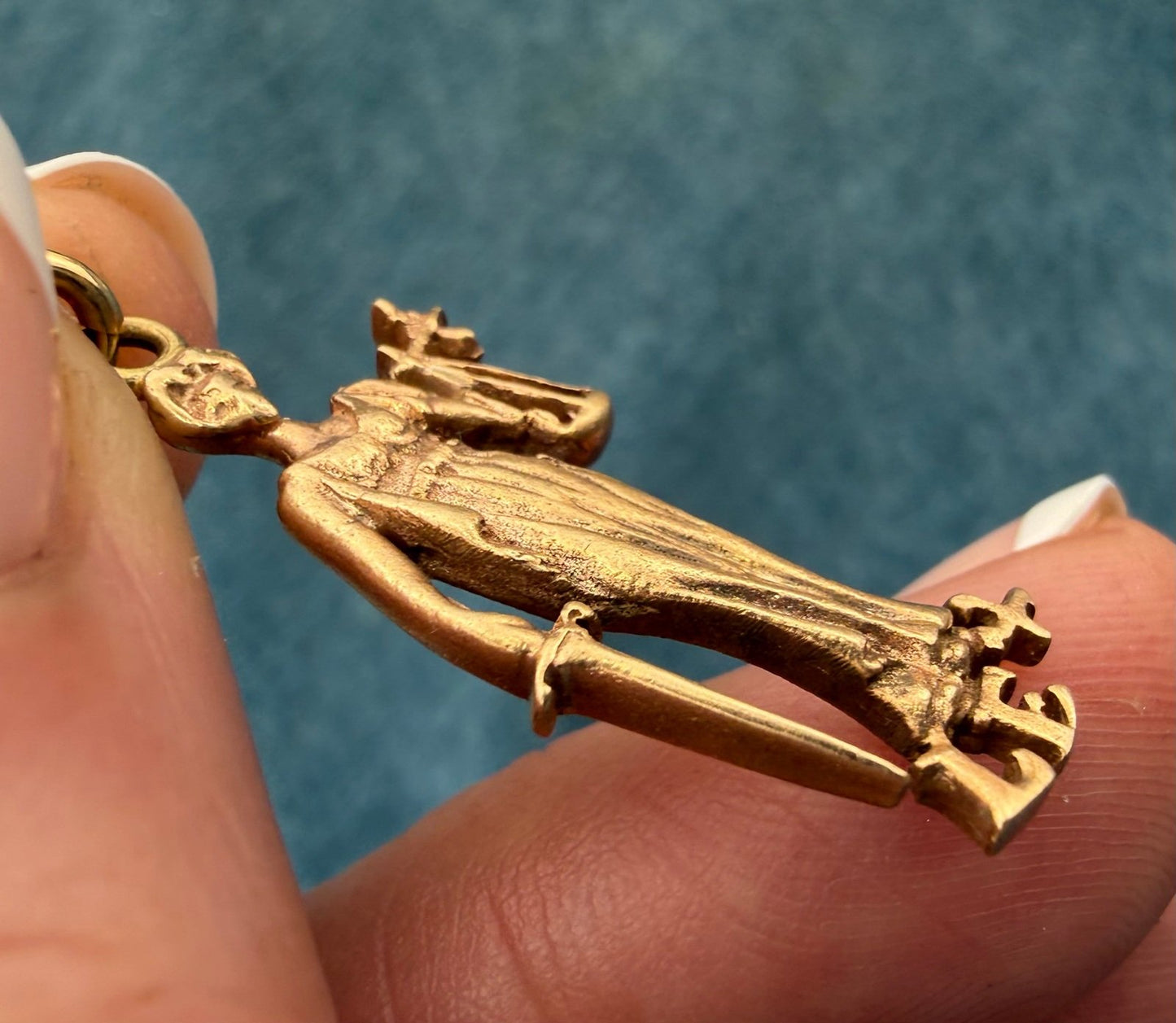 14k Yellow Gold Lady JUSTICE Pendant w Sword + Scales. LEX = Law 3.3g + 1.2"