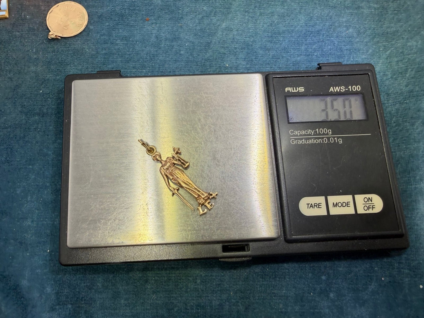 14k Yellow Gold Lady JUSTICE Pendant w Sword + Scales. LEX = Law 3.3g + 1.2"