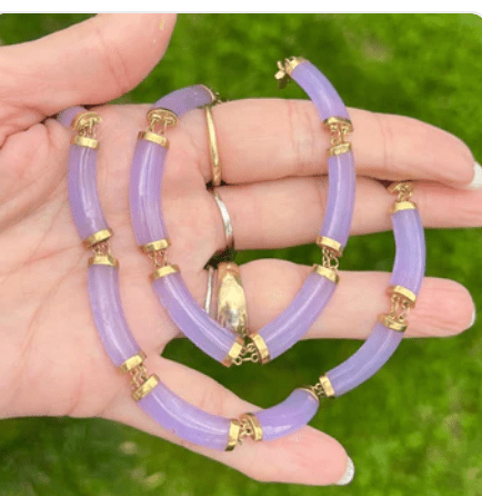 14k Yellow Gold Lavender Jade Panel Bracelet. Safety Clasp