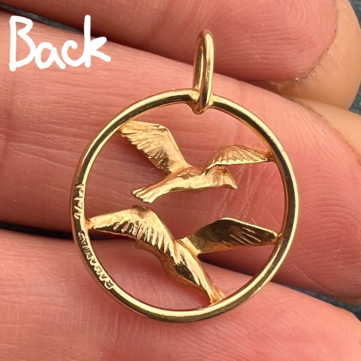 14k Yellow Gold Love Birds in Flight Pendant. Bahama Doves Mates for Life