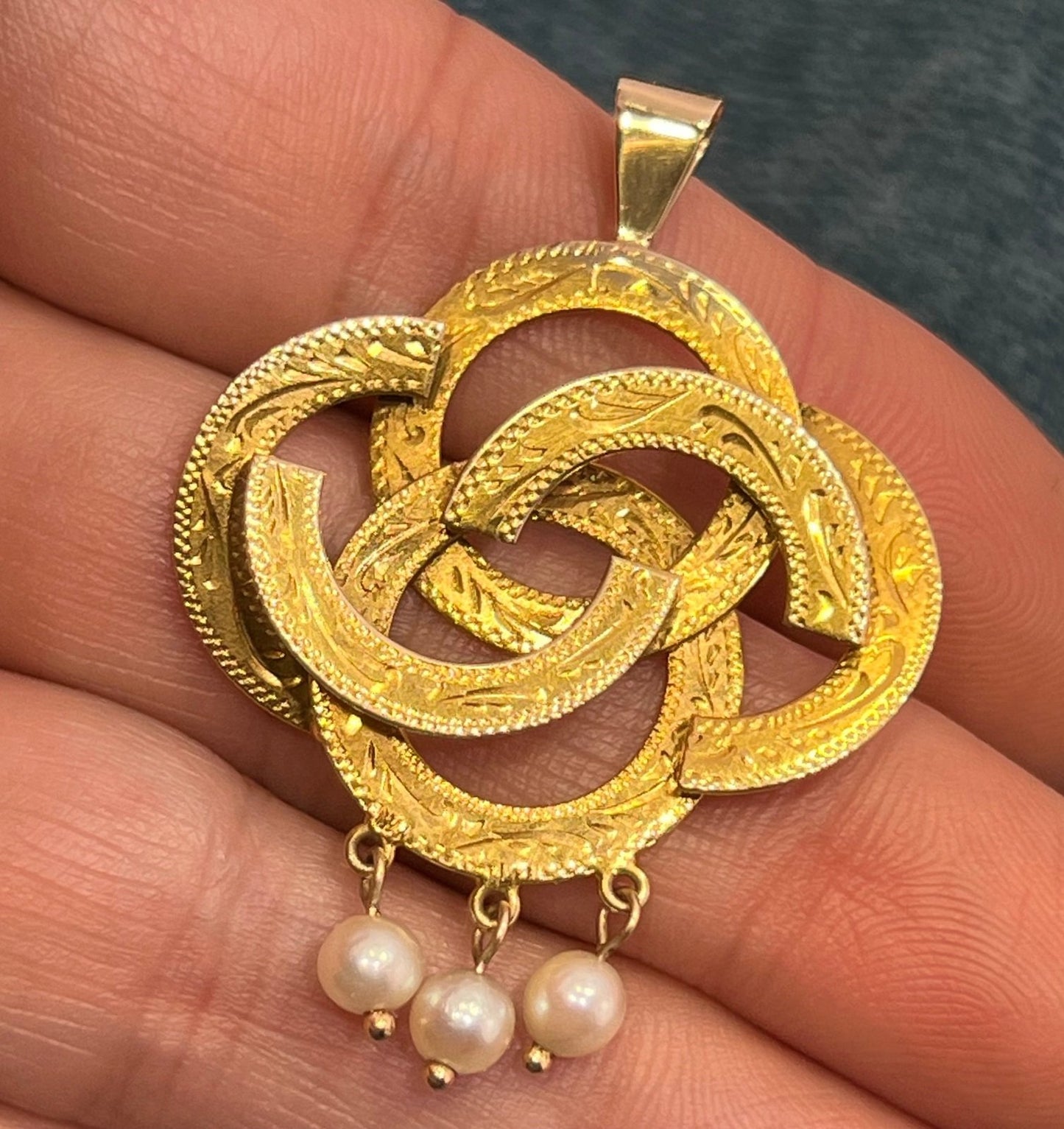 14k Yellow Gold Love Knot Pendant w/ Pearls. Victorian 1 3/4" + 6.5g