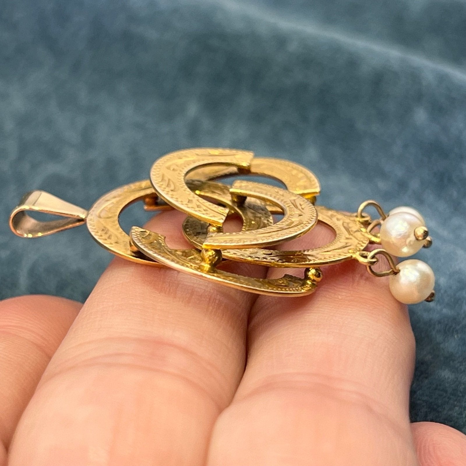 14k Yellow Gold Love Knot Pendant w/ Pearls. Victorian 1 3/4" + 6.5g