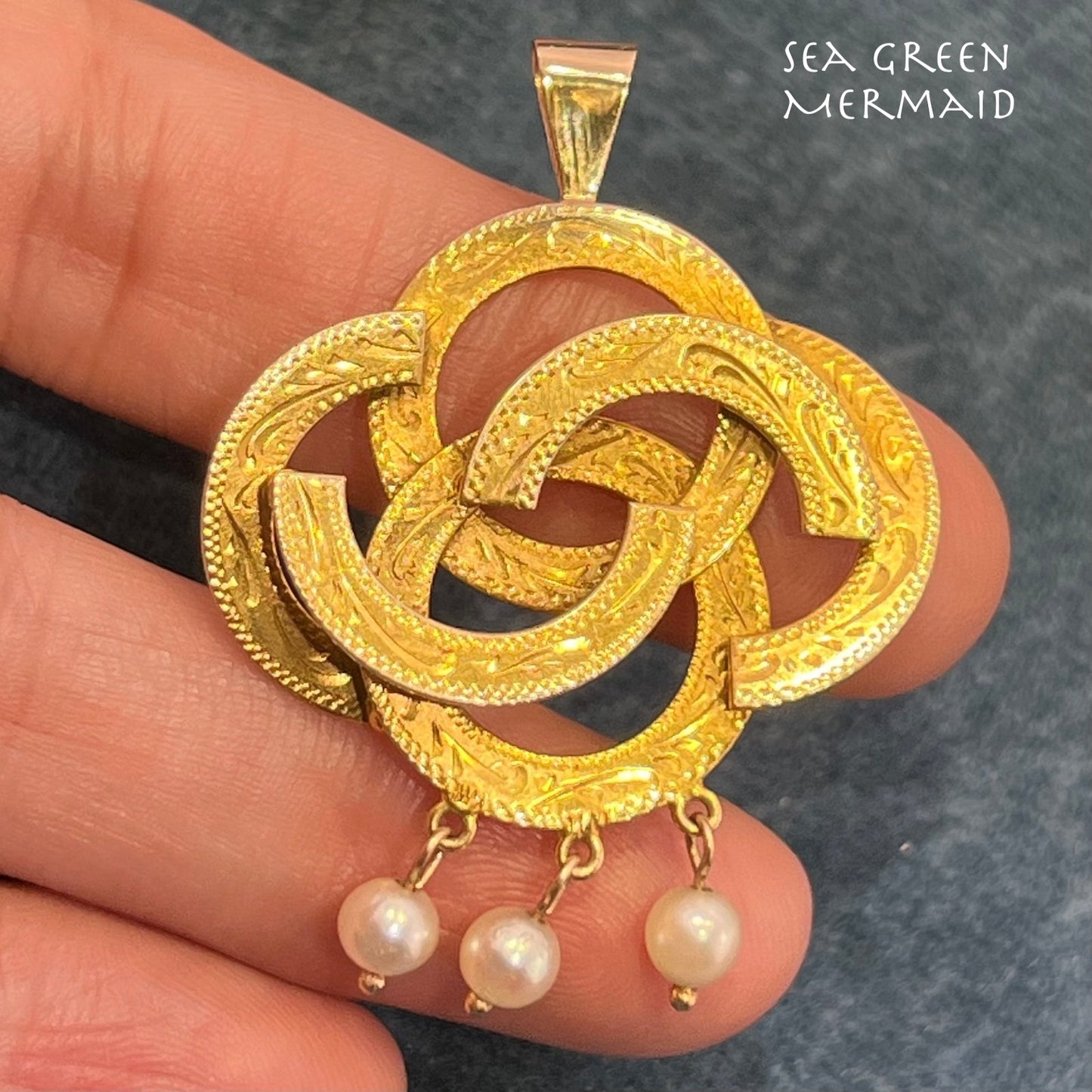 14k Yellow Gold Love Knot Pendant w/ Pearls. Victorian 1 3/4" + 6.5g