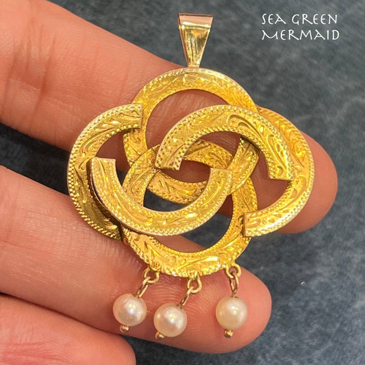 14k Yellow Gold Love Knot Pendant w/ Pearls. Victorian 1 3/4" + 6.5g