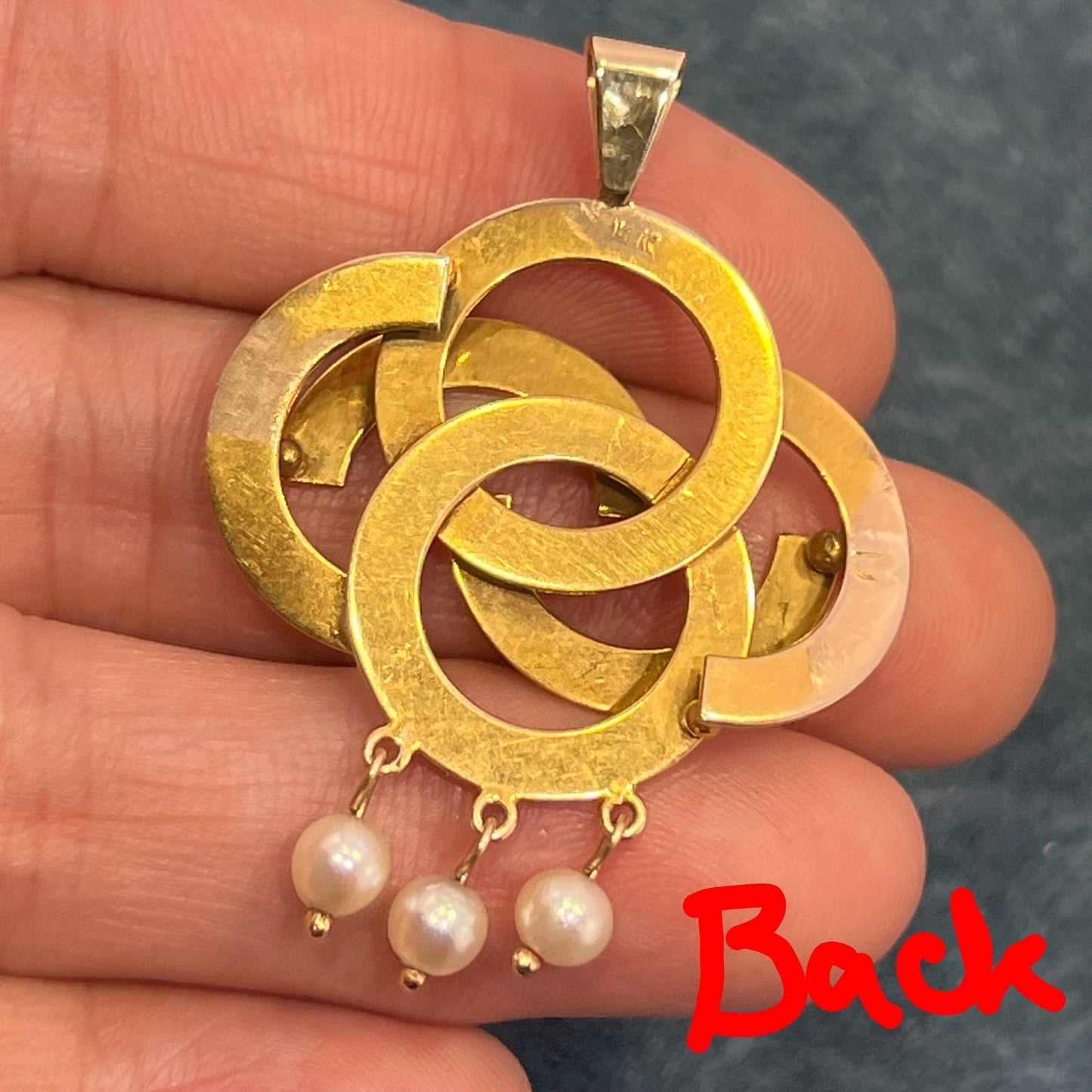 14k Yellow Gold Love Knot Pendant w/ Pearls. Victorian 1 3/4" + 6.5g