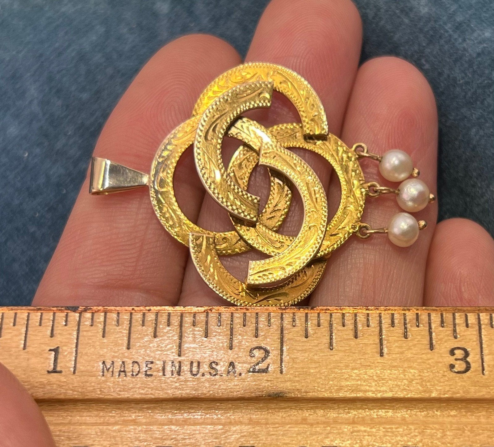 14k Yellow Gold Love Knot Pendant w/ Pearls. Victorian 1 3/4" + 6.5g