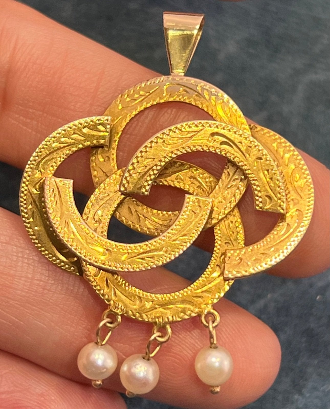14k Yellow Gold Love Knot Pendant w/ Pearls. Victorian 1 3/4" + 6.5g