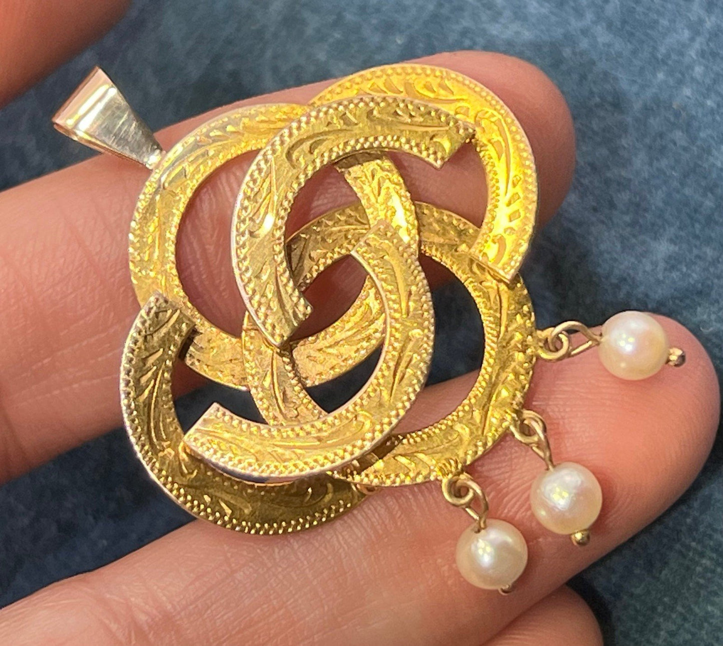 14k Yellow Gold Love Knot Pendant w/ Pearls. Victorian 1 3/4" + 6.5g