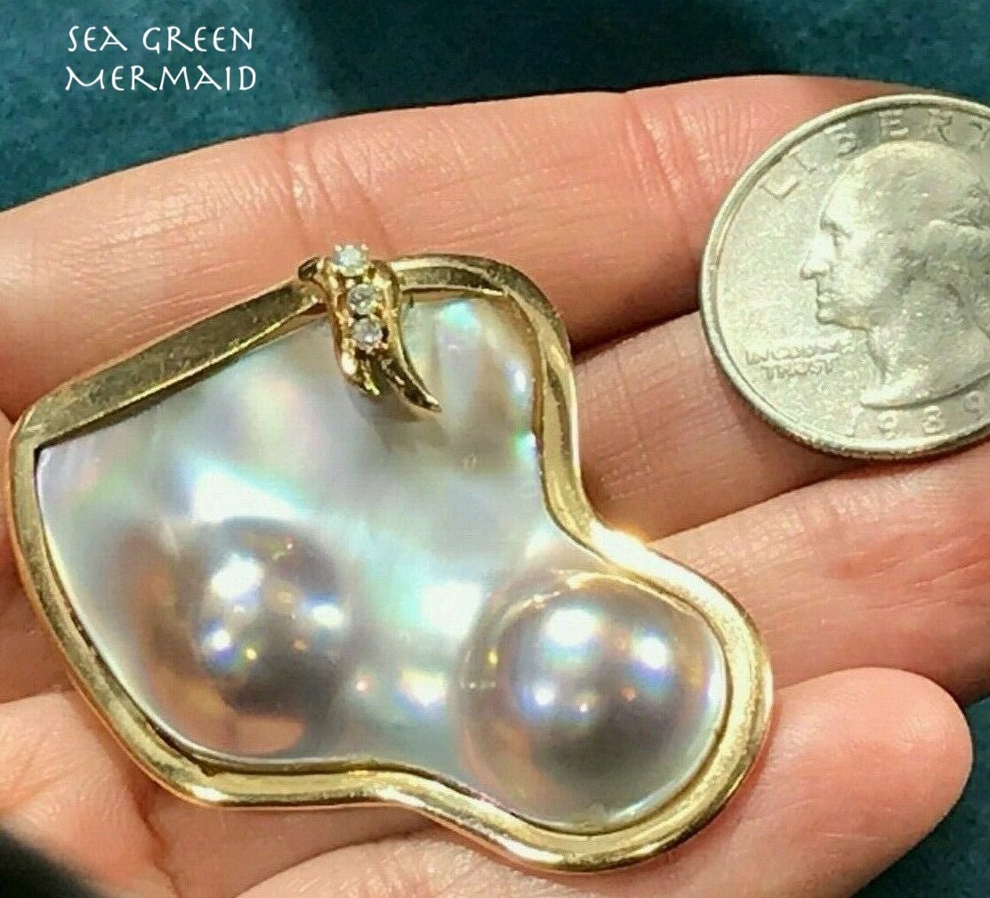 14k Yellow Gold Mabe Pearl Diamond Enhancer Pendant. 2" & 15g *VIDEO*