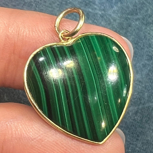 14k Yellow Gold Malachite & Onyx Heart Pendant. Reversible! Large 1"