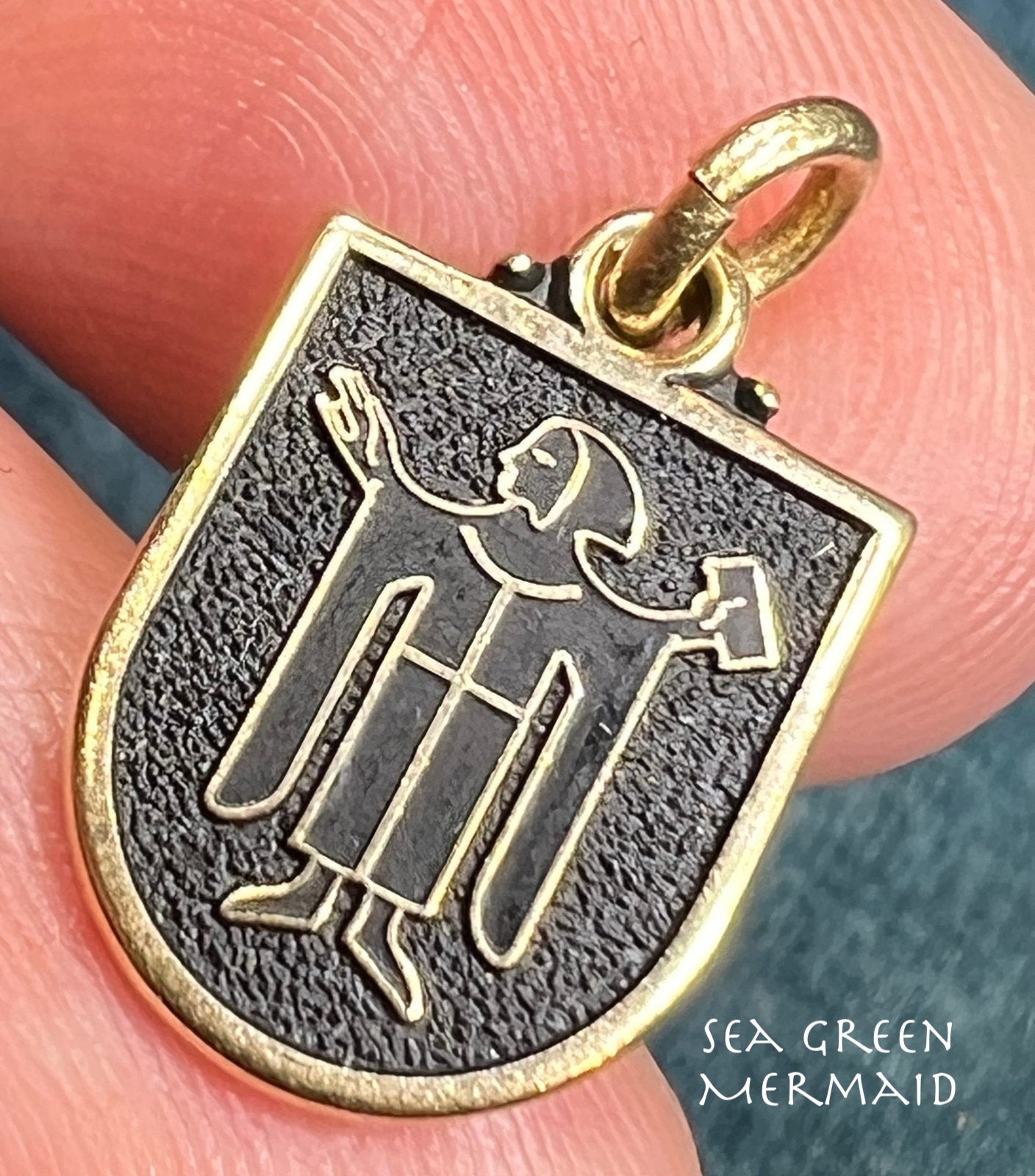 14k Yellow Gold Monk Friar Shield Pendant. Blackened Gold