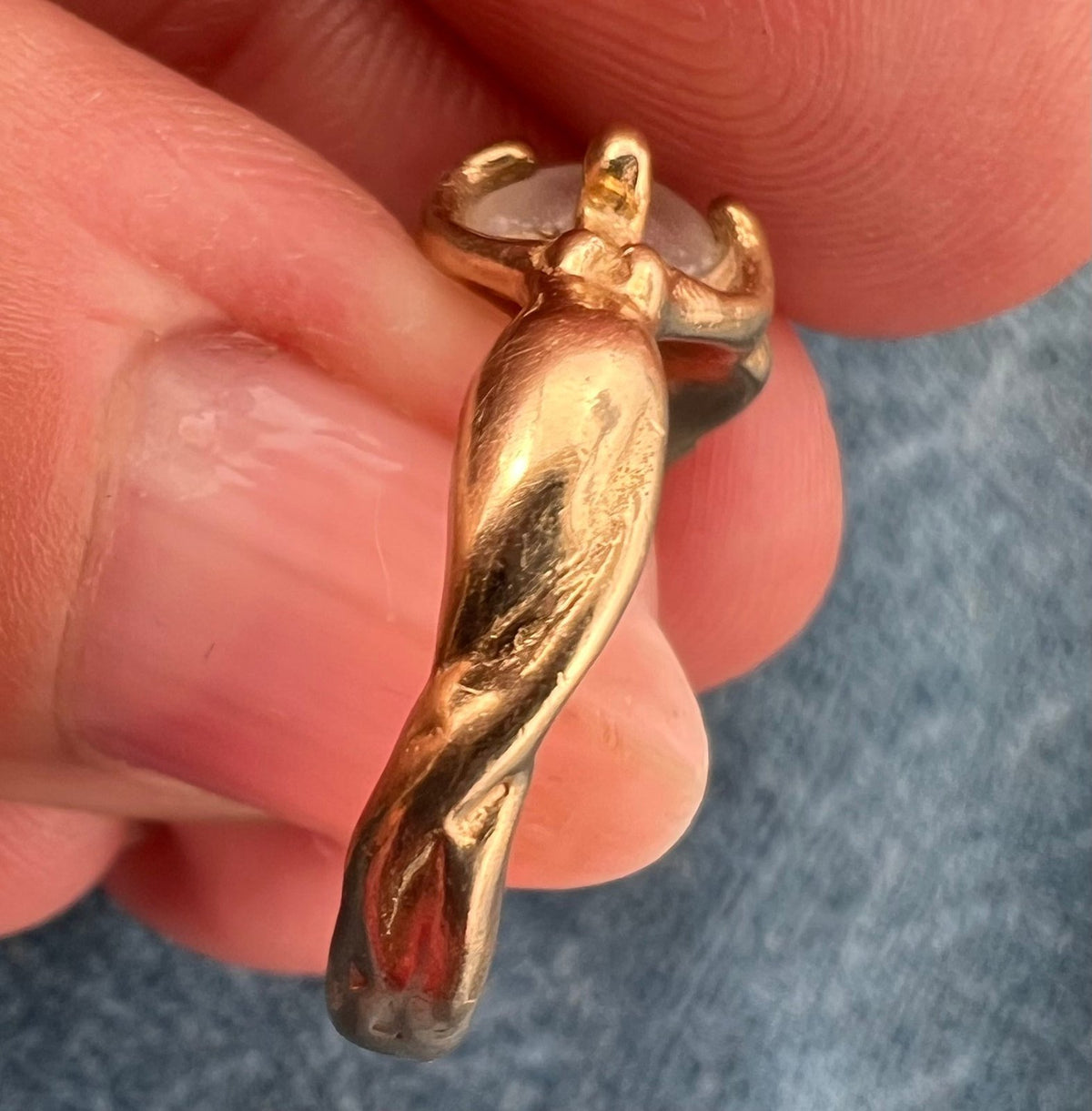 14k Yellow Gold Moonstone Ring w 2 Mermaids Goddesses *Video*