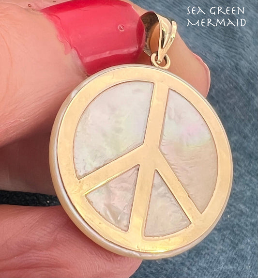 14k Yellow Gold Mother-of-Pearl Peace Sign Pendant. 1.25"