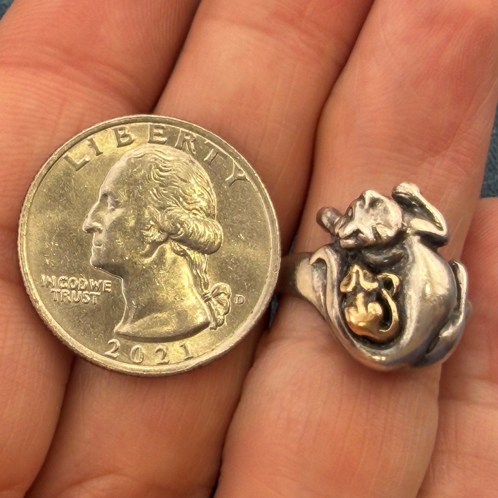 14k Yellow Gold Mouse & 925 Cat Ring. Unlikely Friendship. 3/4" + 6.4g