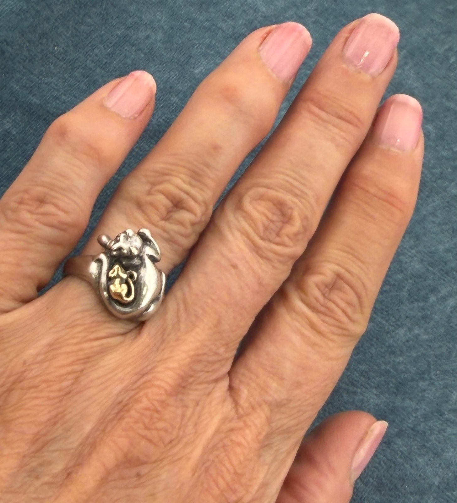 14k Yellow Gold Mouse & 925 Cat Ring. Unlikely Friendship. 3/4" + 6.4g