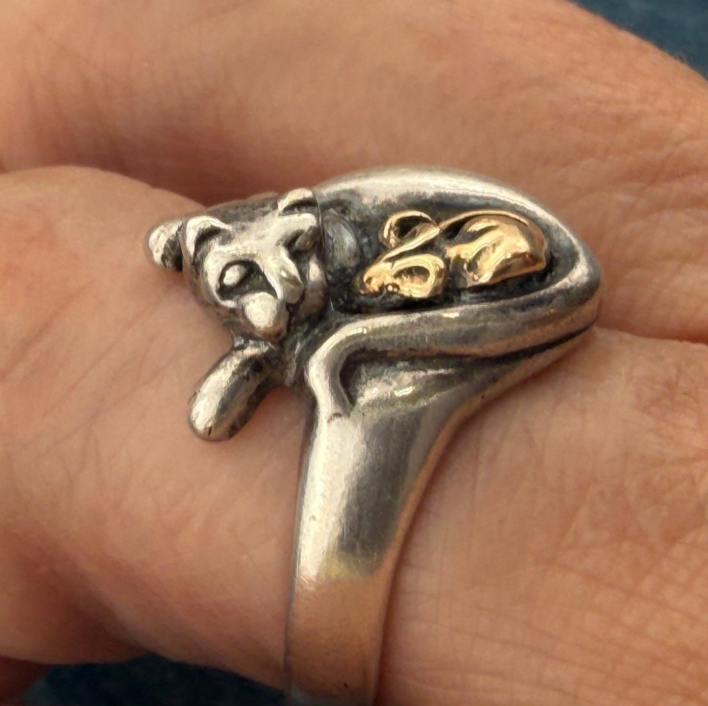 14k Yellow Gold Mouse & 925 Cat Ring. Unlikely Friendship. 3/4" + 6.4g