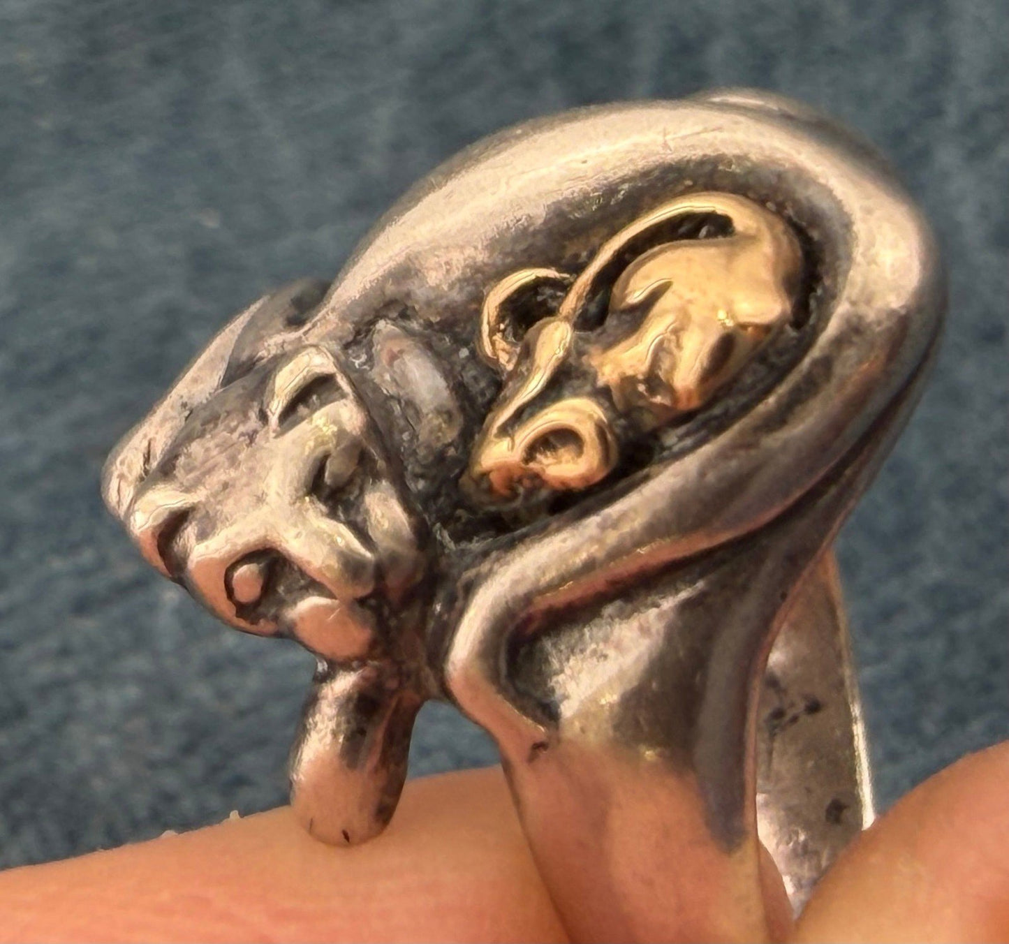 14k Yellow Gold Mouse & 925 Cat Ring. Unlikely Friendship. 3/4" + 6.4g