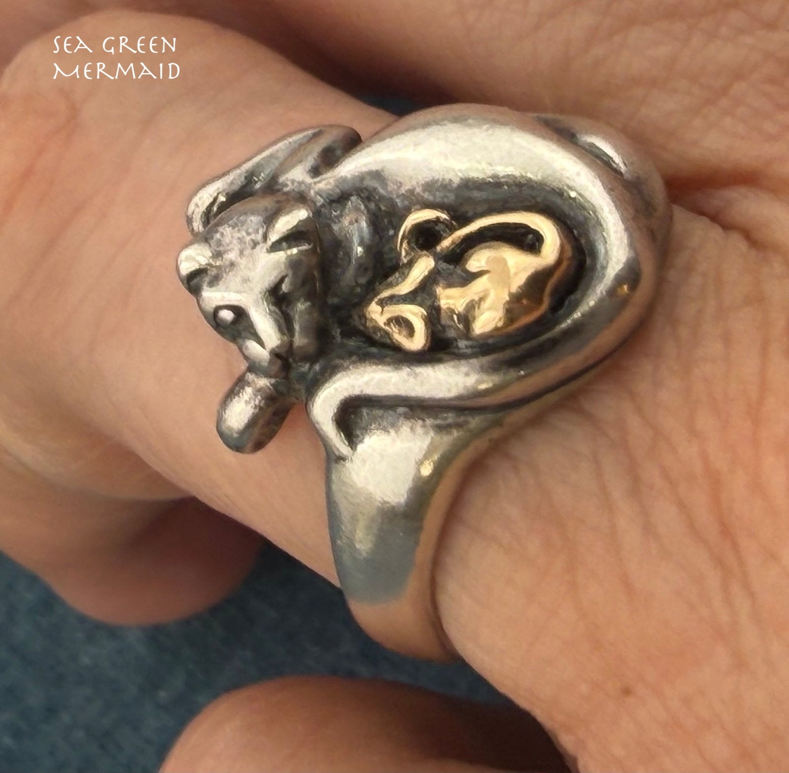 14k Yellow Gold Mouse & 925 Cat Ring. Unlikely Friendship. 3/4" + 6.4g