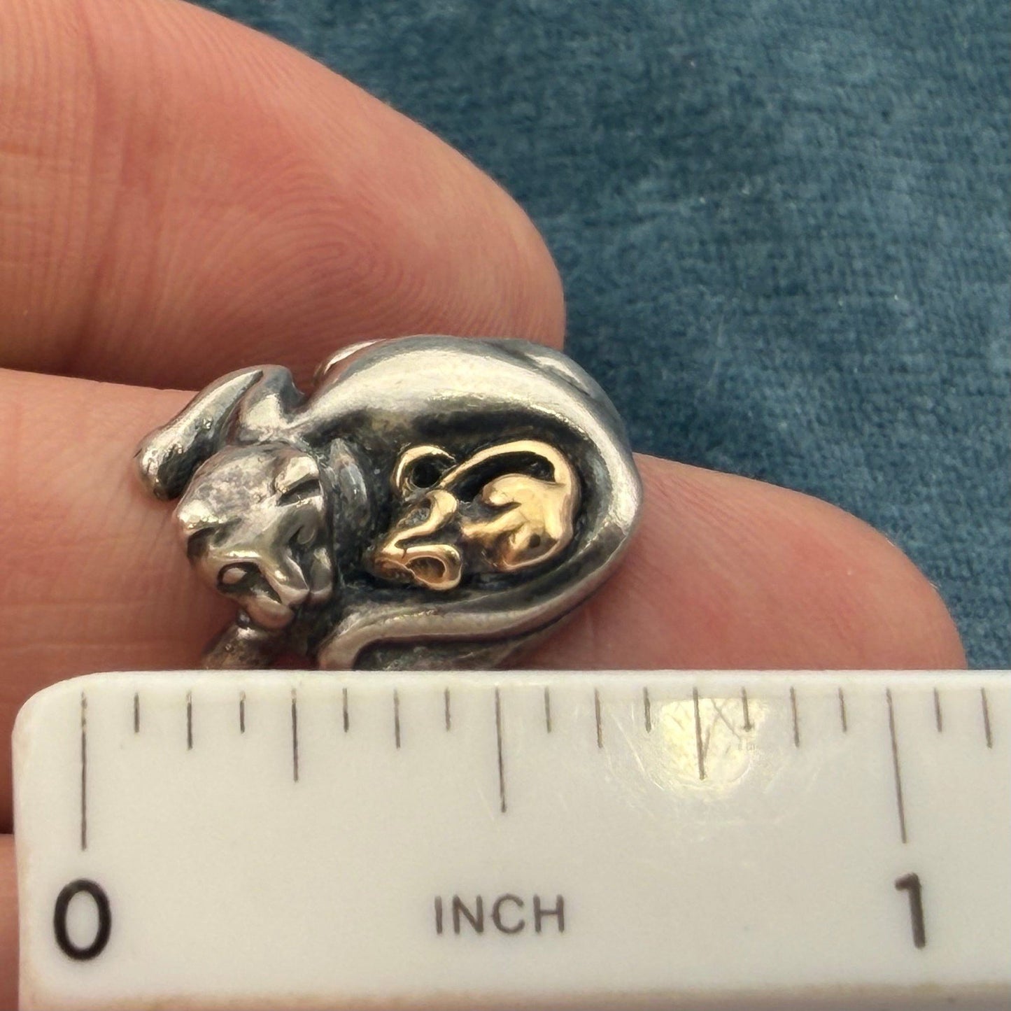 14k Yellow Gold Mouse & 925 Cat Ring. Unlikely Friendship. 3/4" + 6.4g