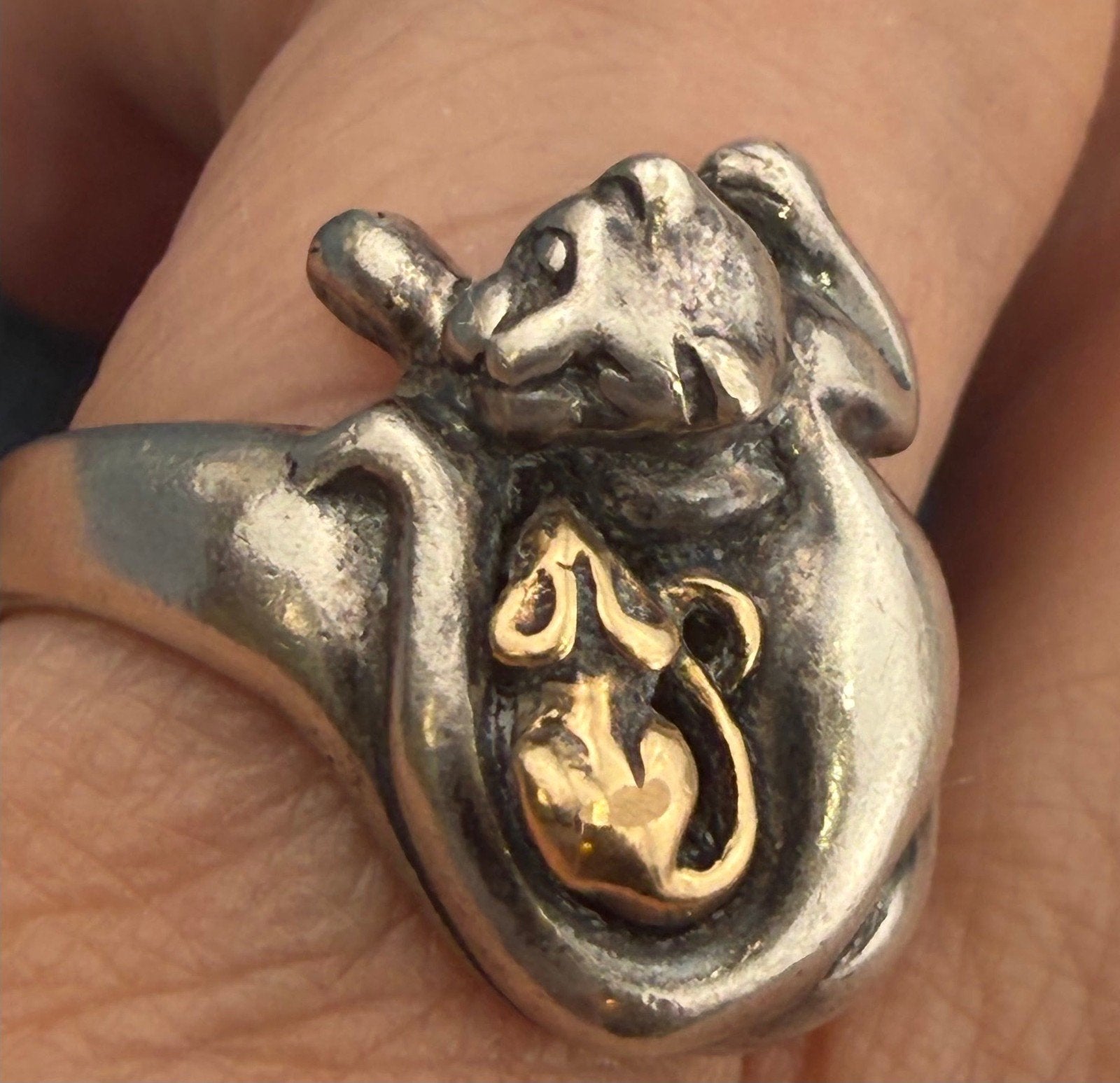 14k Yellow Gold Mouse & 925 Cat Ring. Unlikely Friendship. 3/4" + 6.4g