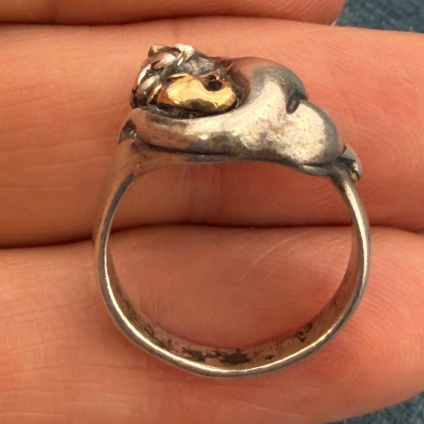 14k Yellow Gold Mouse & 925 Cat Ring. Unlikely Friendship. 3/4" + 6.4g