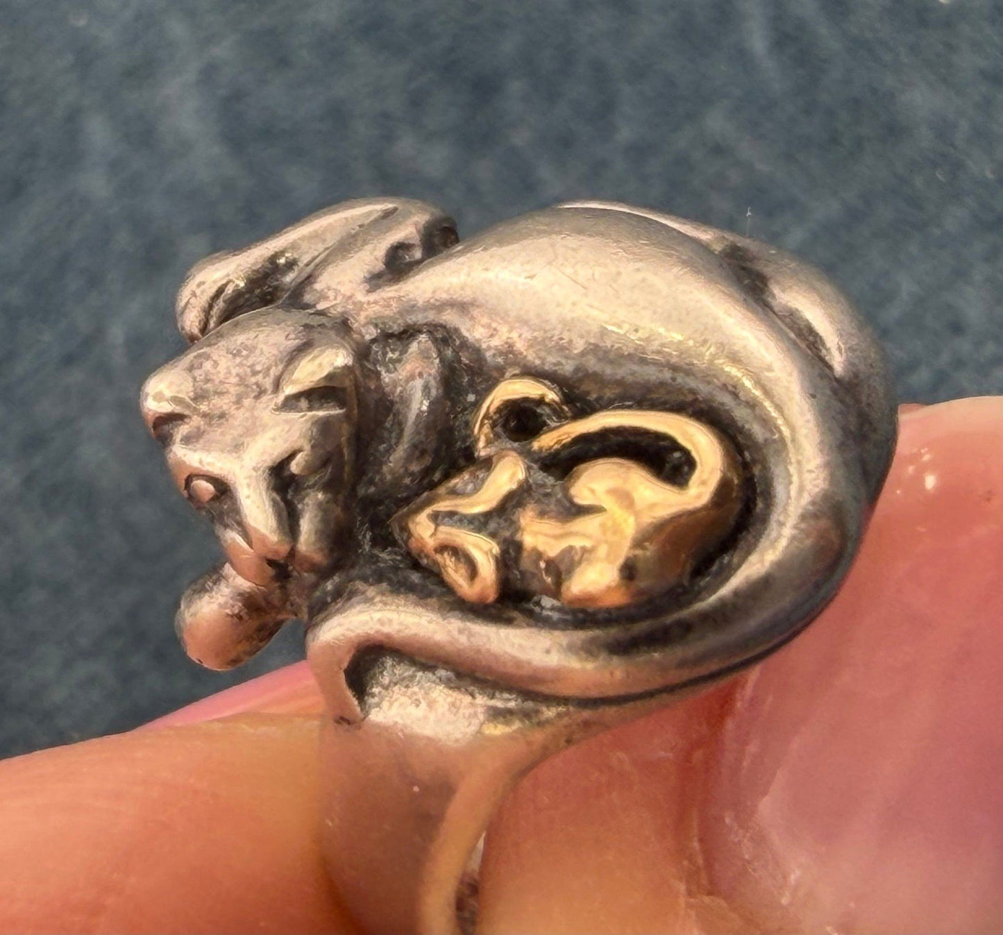 14k Yellow Gold Mouse & 925 Cat Ring. Unlikely Friendship. 3/4" + 6.4g