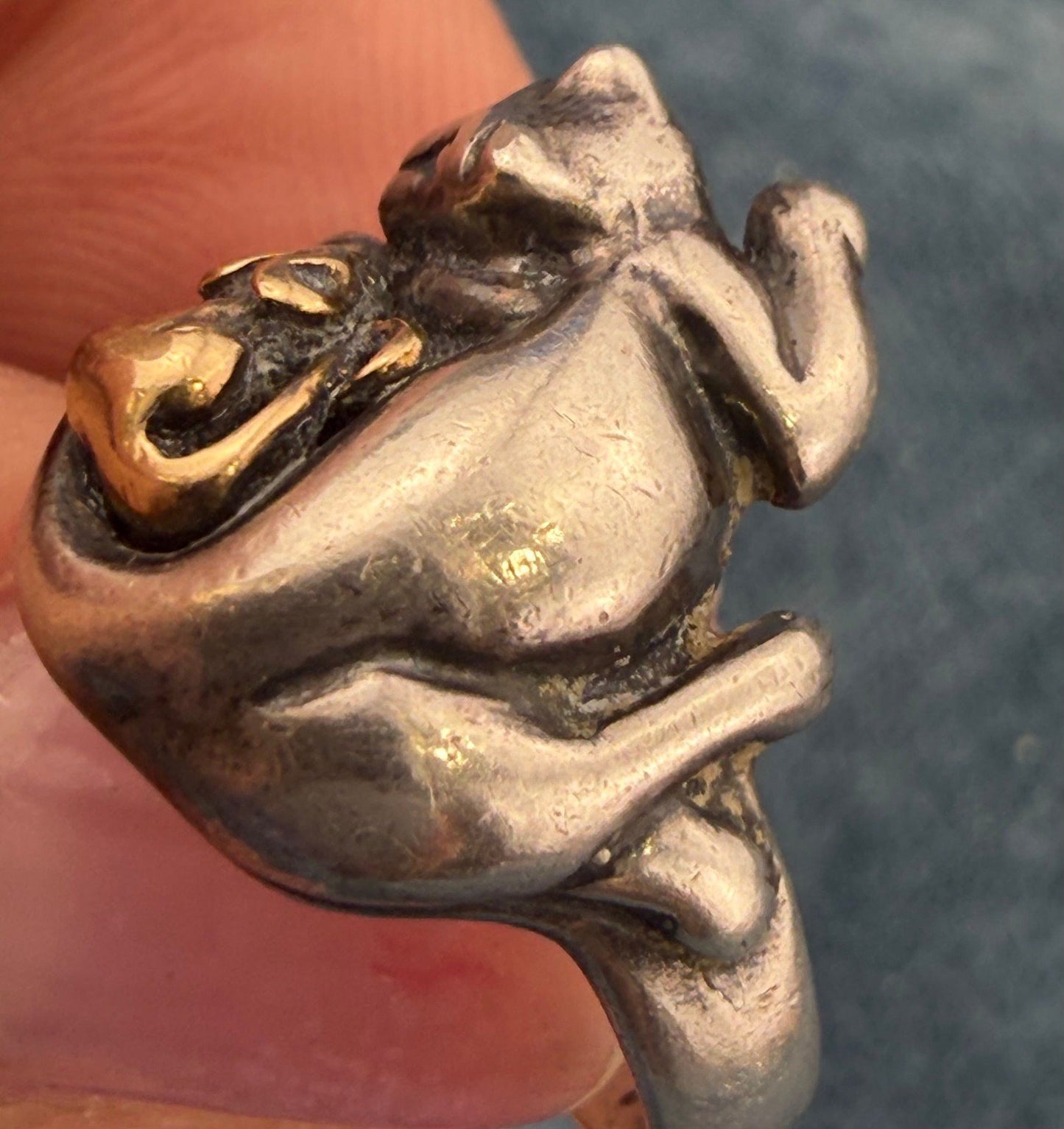14k Yellow Gold Mouse & 925 Cat Ring. Unlikely Friendship. 3/4" + 6.4g