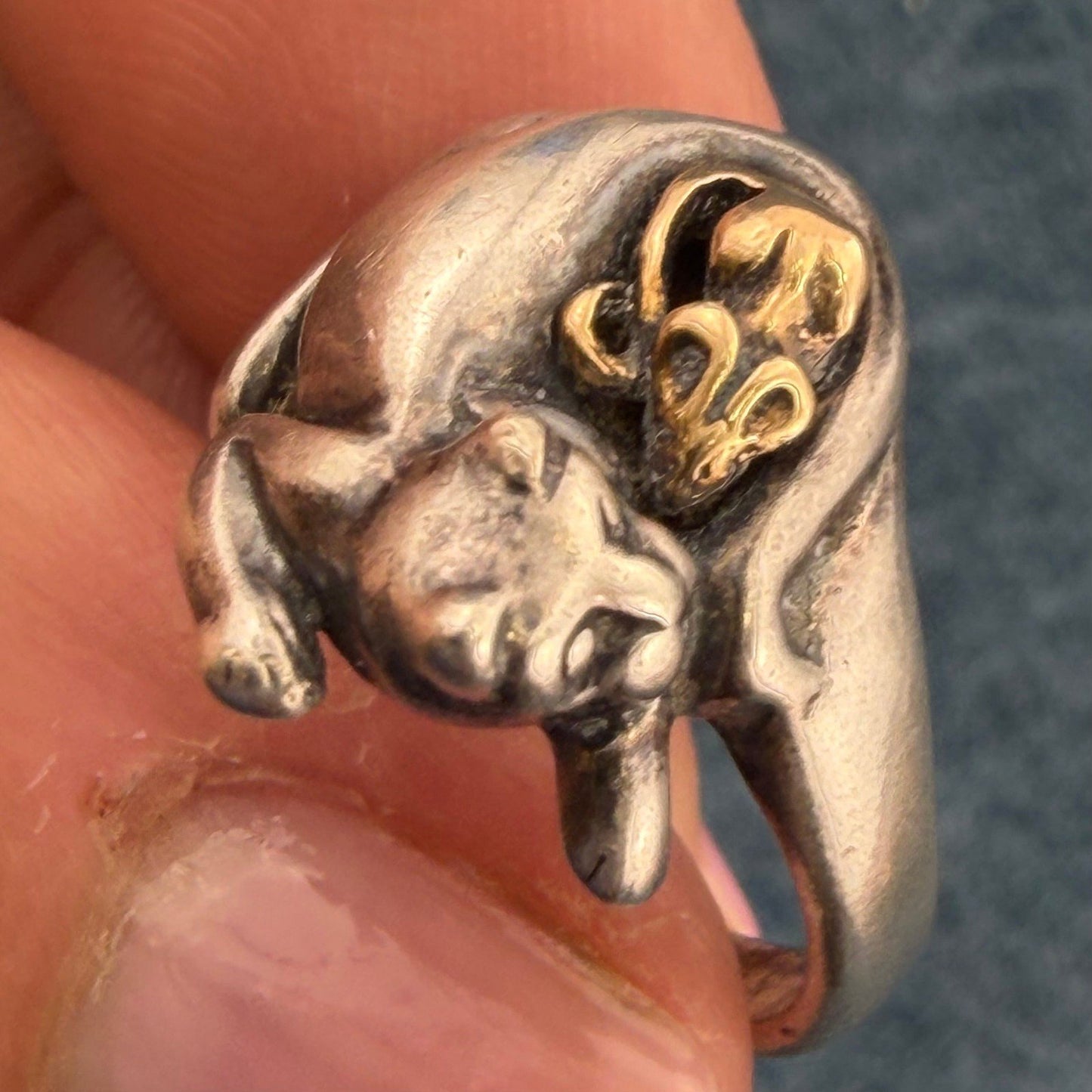14k Yellow Gold Mouse & 925 Cat Ring. Unlikely Friendship. 3/4" + 6.4g